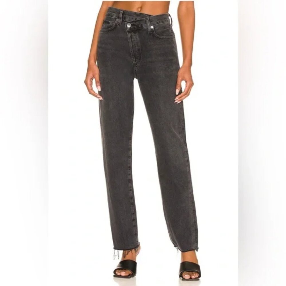 AGOLDE CRISS CROSS STRAIGHT LEG HIGH RISE JEANS ORGANIC COTTON DENIM RAW HEM 23